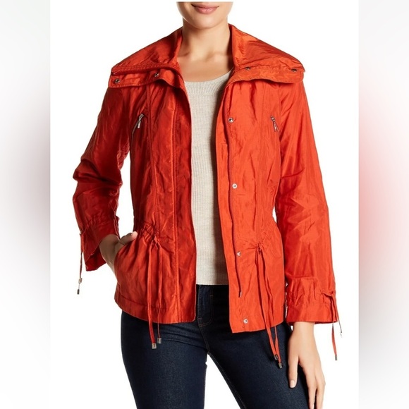 Cole Haan Nylon Orange Front Zip Drawstring Raincoat Jacket sz M - Picture 4 of 11